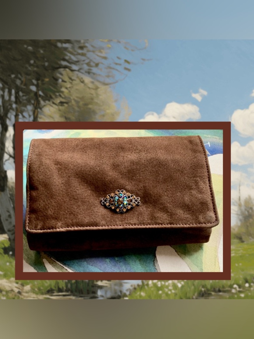 Brown Suede Jewelry Clutch with Decorative Aurora Borealis Accent